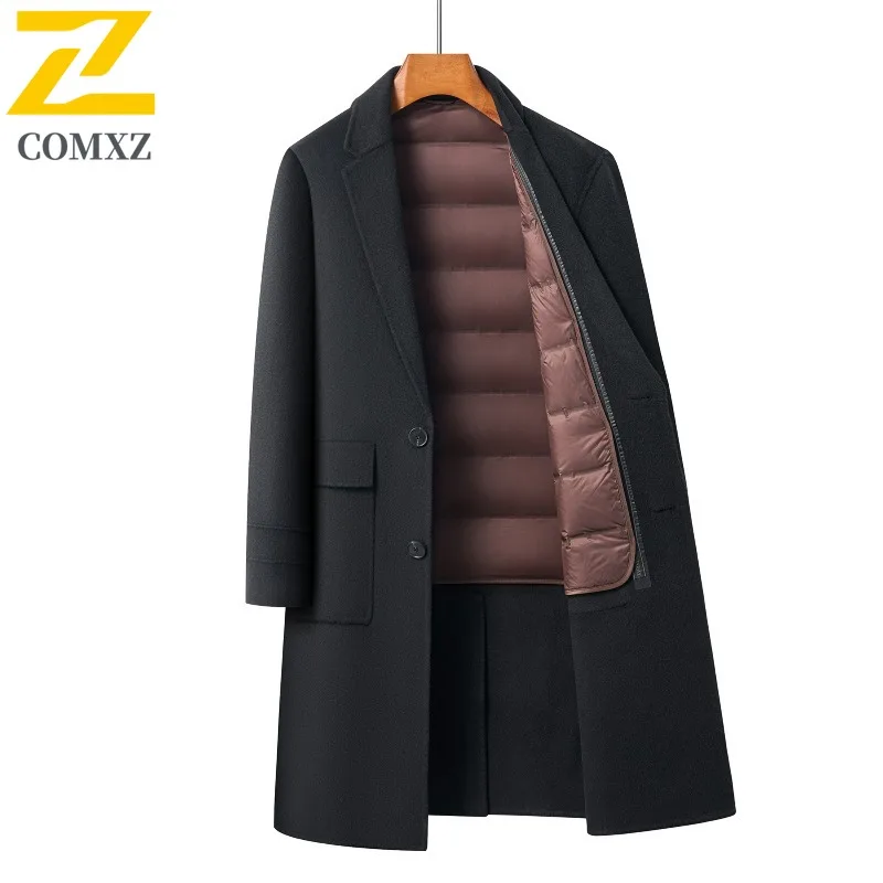 

COMXZ Mens Luxury Long Wool Jacket Business Suit Collar Office Warm Down Coat Knee Length Travel Windproof Winter Outerwear