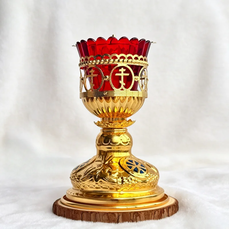 Orthodoxe Vigil-Lampe aus Rotem Glas und Goldmetall, Stehender Kerzenhalter, Verzierte Byzantinische Lampe für den Heimaltar, Christliches Religiöses Geschenk – Detail 1
