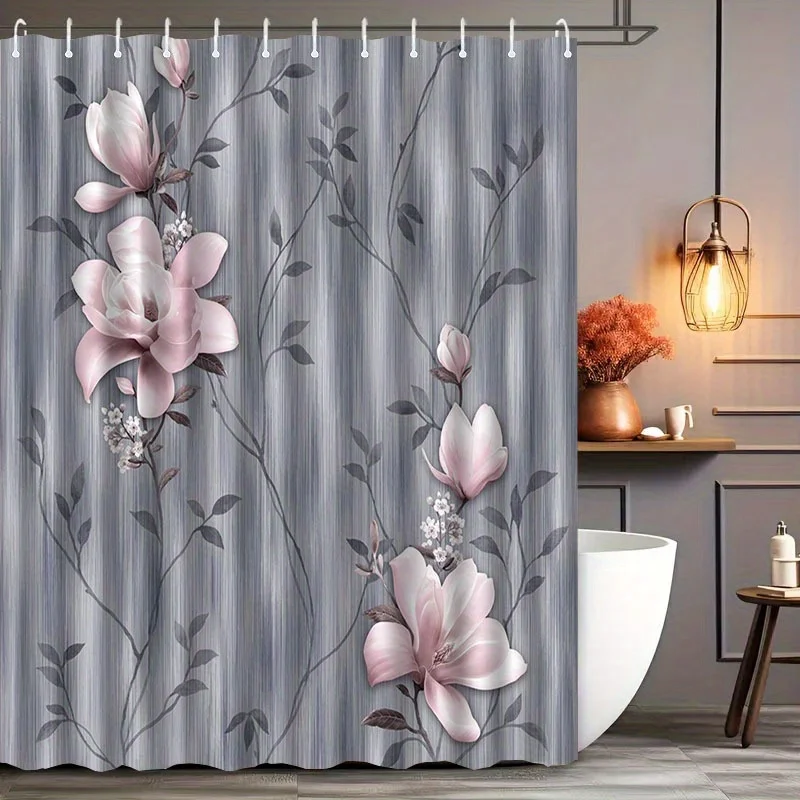 

Розовая занавеска для душа с цветком магнолии, серый фон, элегантный цветочный дизайн, современный декор для ванной комнаты, стильный аксессуар для ванной дома