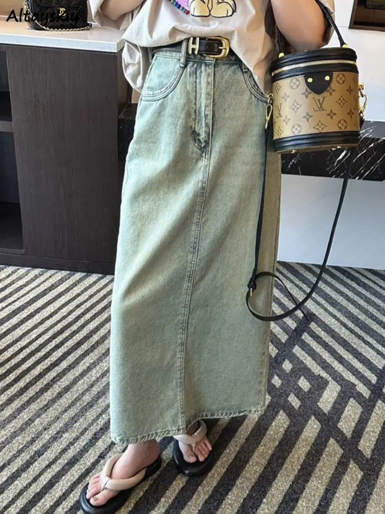 

Long Washed Skirts Women Vintage Summer High Waist Leisure Office Lady Basic A-line Harajuku All-match Streetwear Elegant Daily