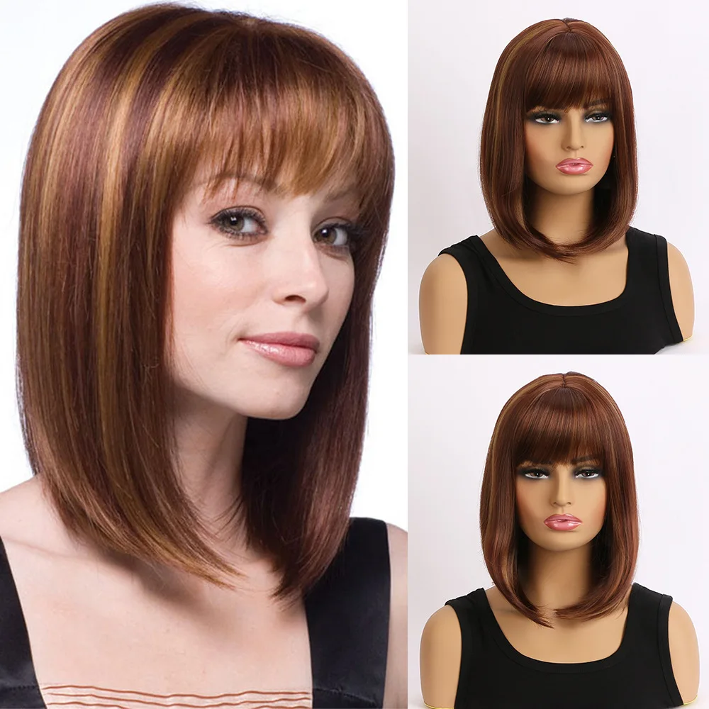 

European and American women's fashion straight hair wig, medium-length synthetic high-temperature silk wig for daily wear