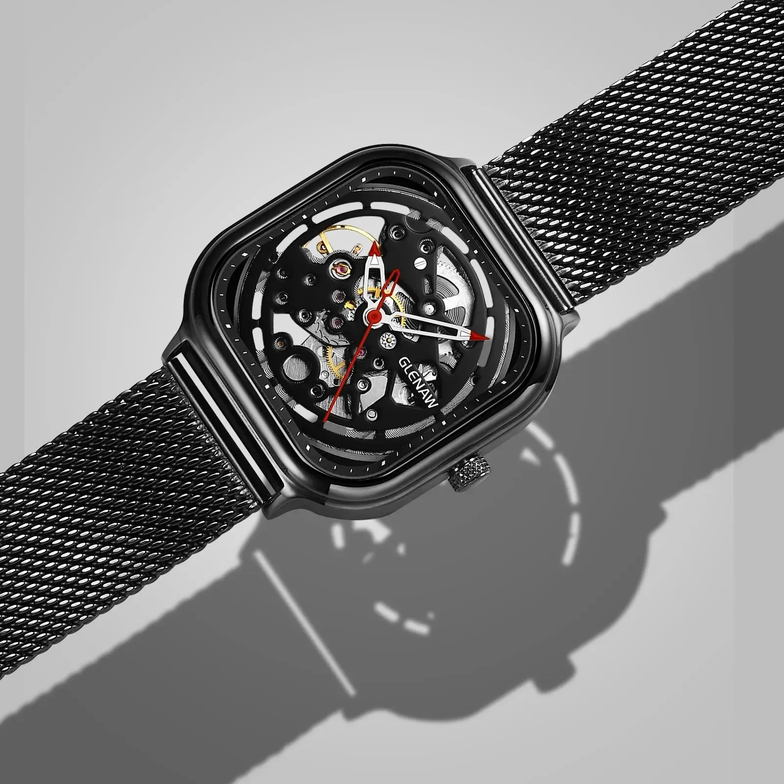 ساعة GLENAW ساعة ميكانيكية أوتوماتيكية بتصميم أجوف ساعة فاخرة مقاومة للماء من الفولاذ المقاوم للصدأ ساعة رجالية