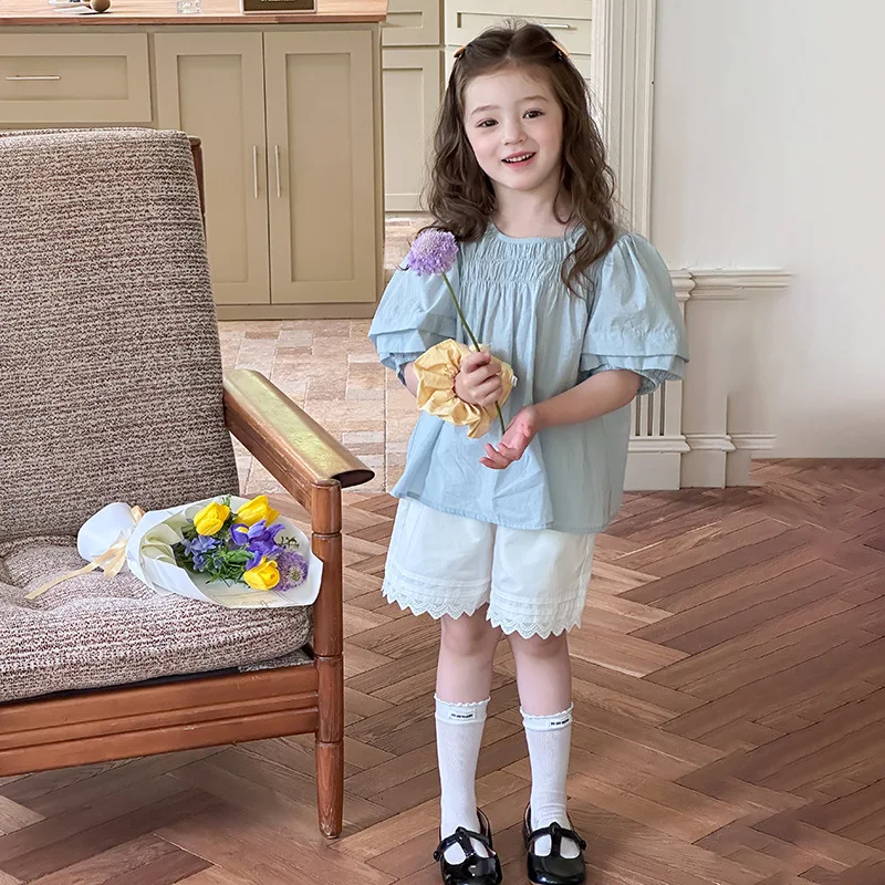 

Girls Solid Short Sleeved Shirt Gentle Style and Sweet Bubble Sleeves Doll Shirt 2025 Summer New Children Clothing