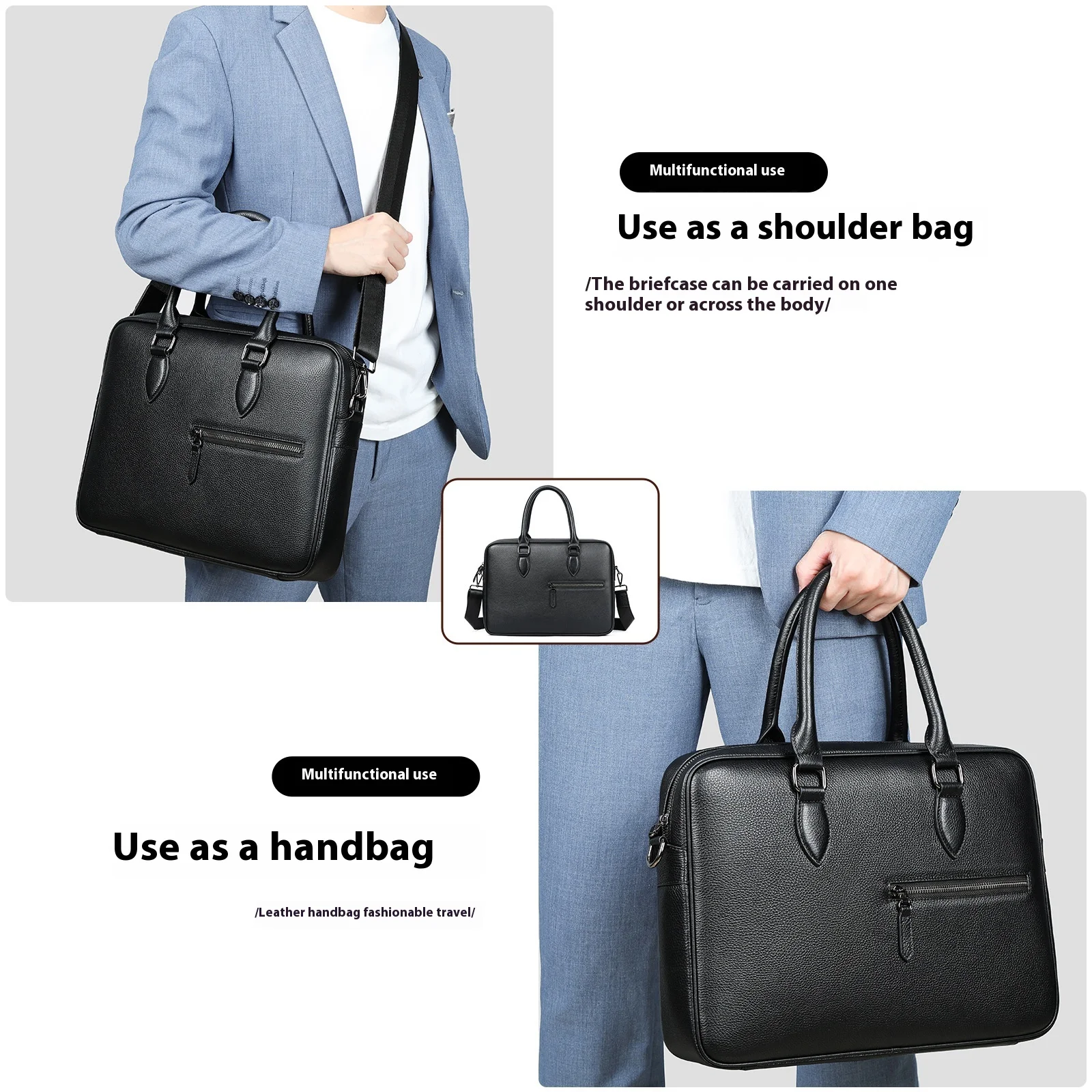 Classic Leather Men's Briefcase Handbag for Business Casual and Laptop, Top Cowhide Shoulder Bag A4 File Carrier