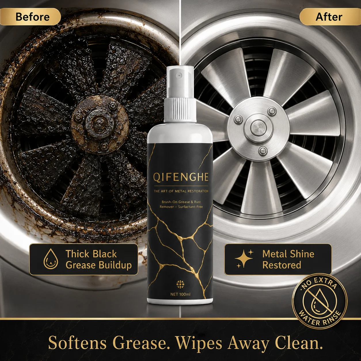 QIFENGHE Heavy Grease Rust Remover 100ml, Deep Cleaner for Oven, Grill, Stove, No Dismantle, Restores Shine on Metal, Calcium Ca