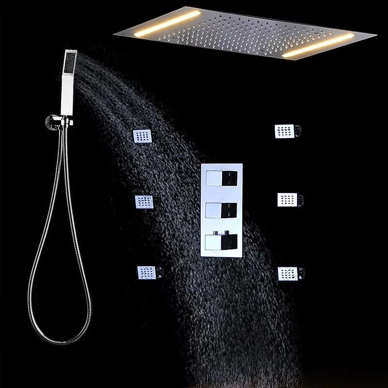 Bathroom 360*500MM Ceiling LED Shower Faucet Set Stainless Steel Rain Shower Head Thermostatic Valve Diverter With Body Jets