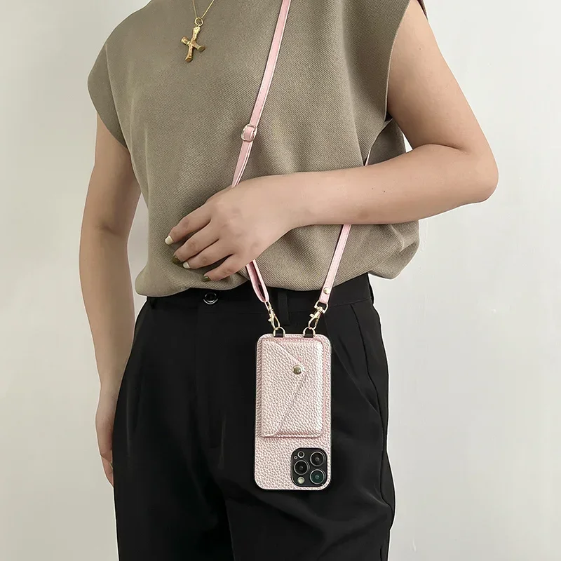 Crossbody Strap Lanyard Lederen Telefoonhoesje voor IPhone 17 Air 16E 16 15 Plus 14 13 12 11 Pro Max Portemonnee met Kaarthouder Cover
