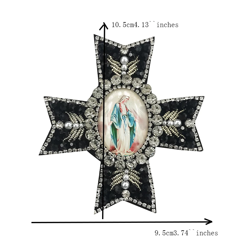 3D Handmade New Heavy Industry Flowers Our Lady Nail Bead Embroidery Big Cross Cloth Paste Glass Diamond Garment Patch