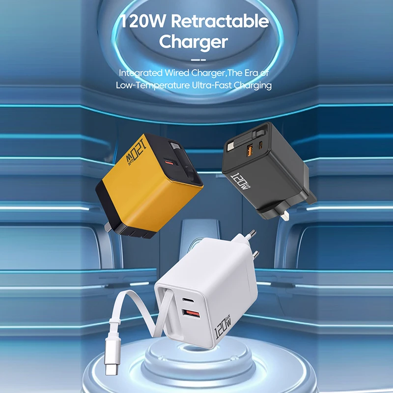 120W GaN Fast Charger Built-in Retractable Cable EU/US/UK Plug USB Type-C Wall Charger For Xiaomi iPhone Samsung/Laptops/Tablets - náhled 4