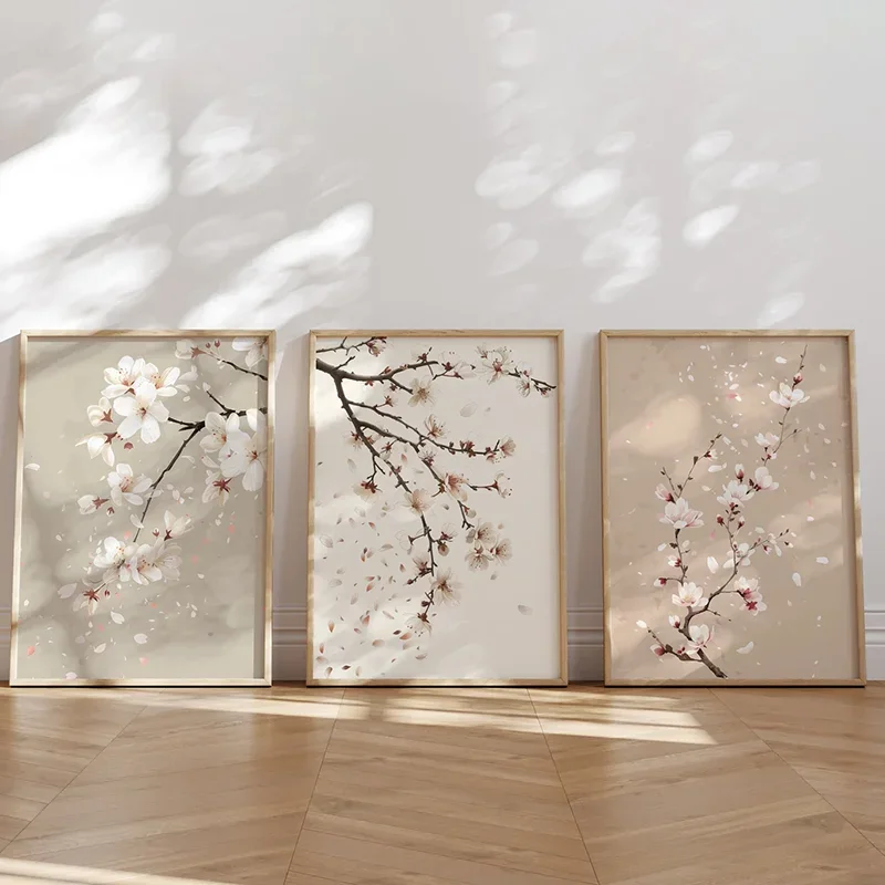Large-sized frameless 3pcs  3PCS Japandi Wall Art  Flower Print  Wabi Sabi Cherry Poster  Floral Soft Scandi Poster  Canvas P