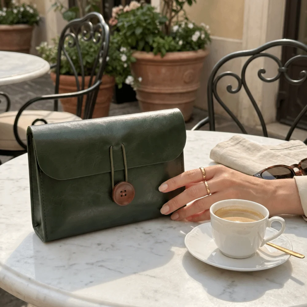Multi-purpose Envelope Shape Cosmetic Bag Faux Leather Lightweight Travel Toiletry Bag Button Closure Waterproof Makeup Bag