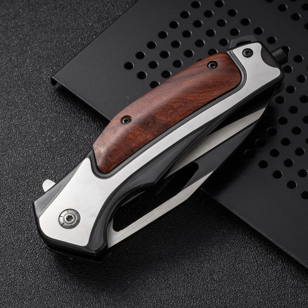 Outdoor Folding Knife with Wooden Handle, Multi-function Pocket Knife, Camping Survival Knife, Field Self-Defense Knife