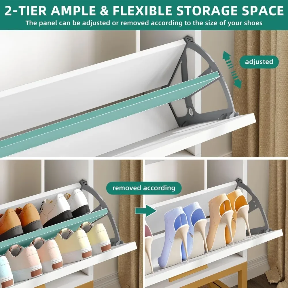 Shoe Cabinet,Modern Free Standing Tipping Bucket Rack Organizer with 2 Flip Drawers&LED Lights, Shoe Storage