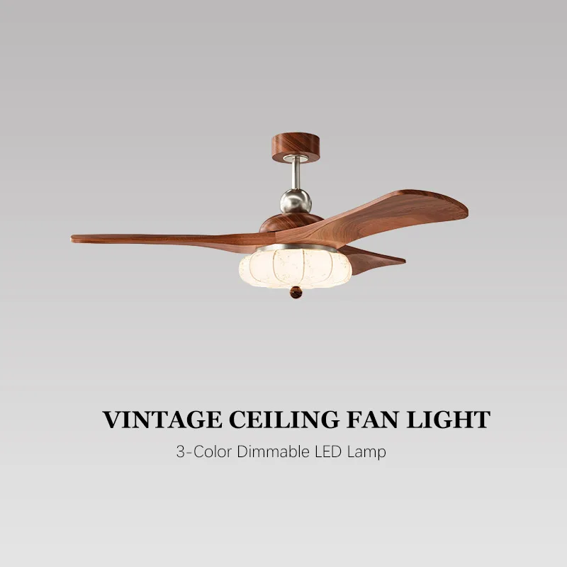 2026 Vintage Ceiling Fan Light with Remote, Walnut Wood Grain Retro Chandelier for Living Room Bedroom Dining Room
