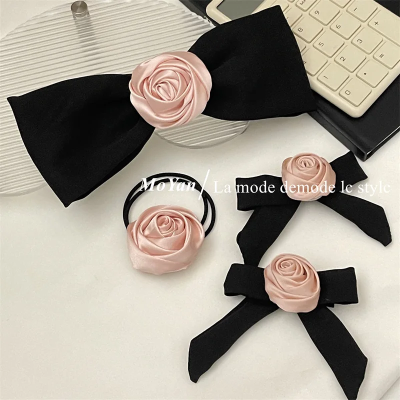 Pink Rose Hair Clip Bow Top Clip Hair Girl Flower Accessory
