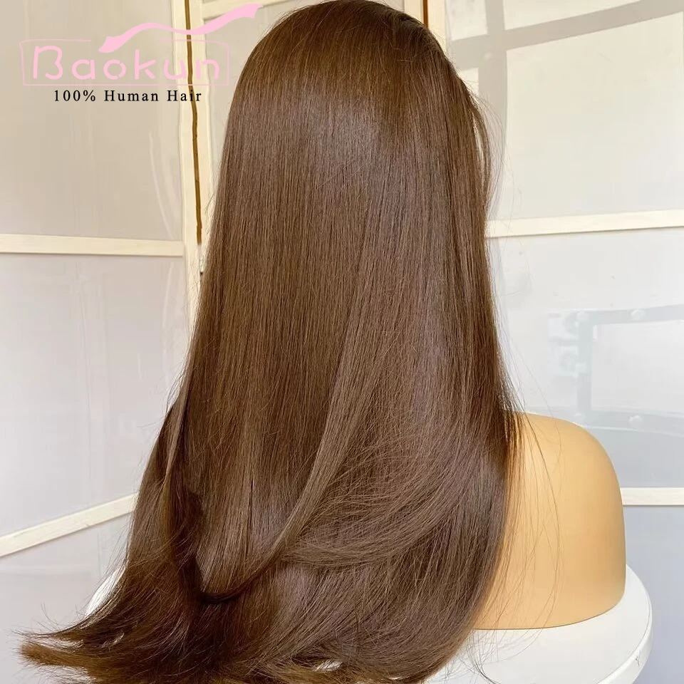 Wig renda penuh rambut manusia coklat ketebalan 200 Wig depan renda lurus 13x4 Wig Frontal tanpa lem rambut manusia 13x6 HD