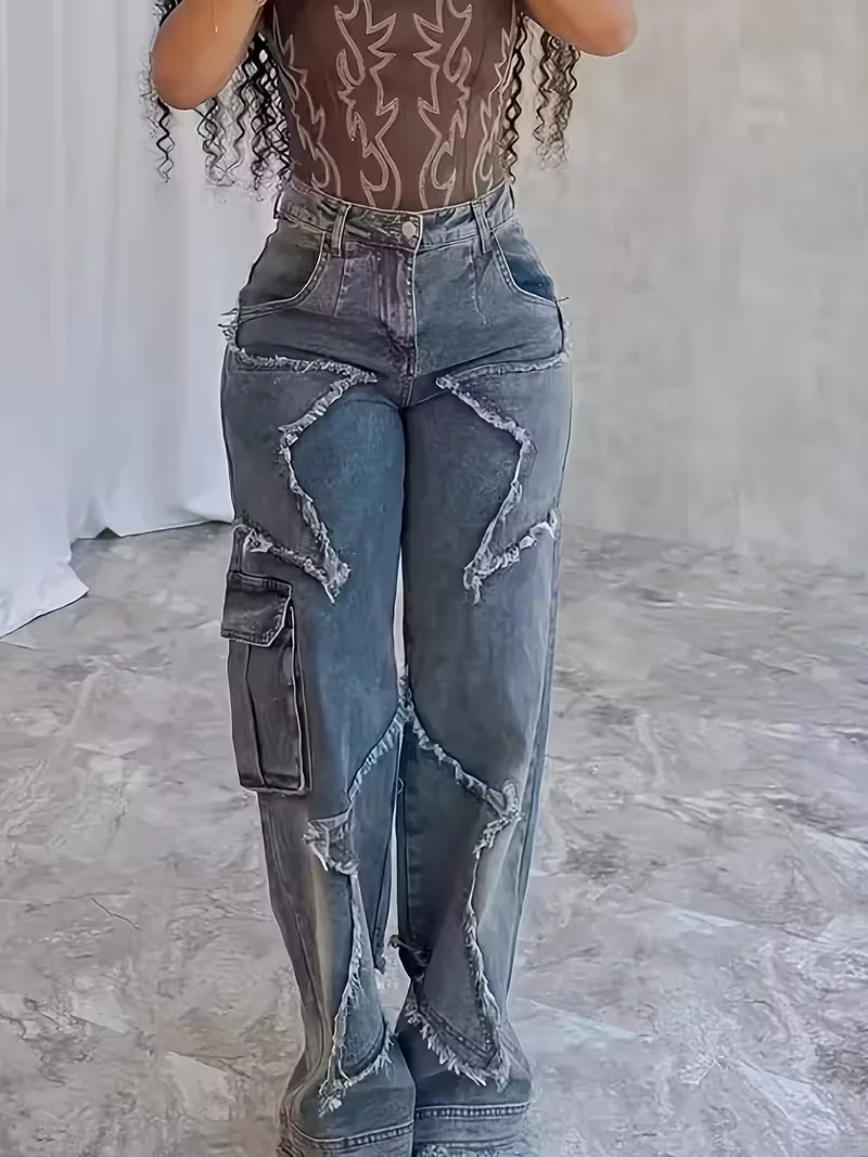 

Stretch High Waist Jeans] High Waist Stretch Jeans - Women's Loose Straight Jeans with Star Embroidery Raw Edge Washed