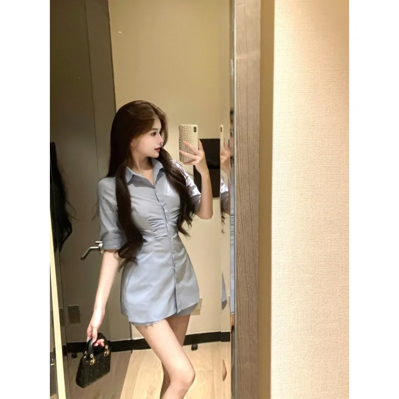 

French High Street Pure Color POLO Shirt Dress Summer New Fashion Design Sense Shirt Sexy Sliming Youthful Women's Clothing