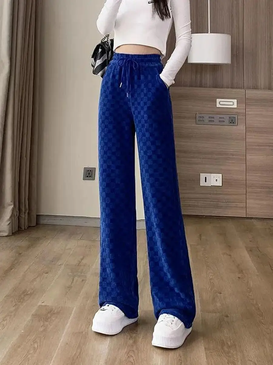 Checkerboard wide-leg pants women\'s new spring Klein blue plaid casual pants Chenille straigh