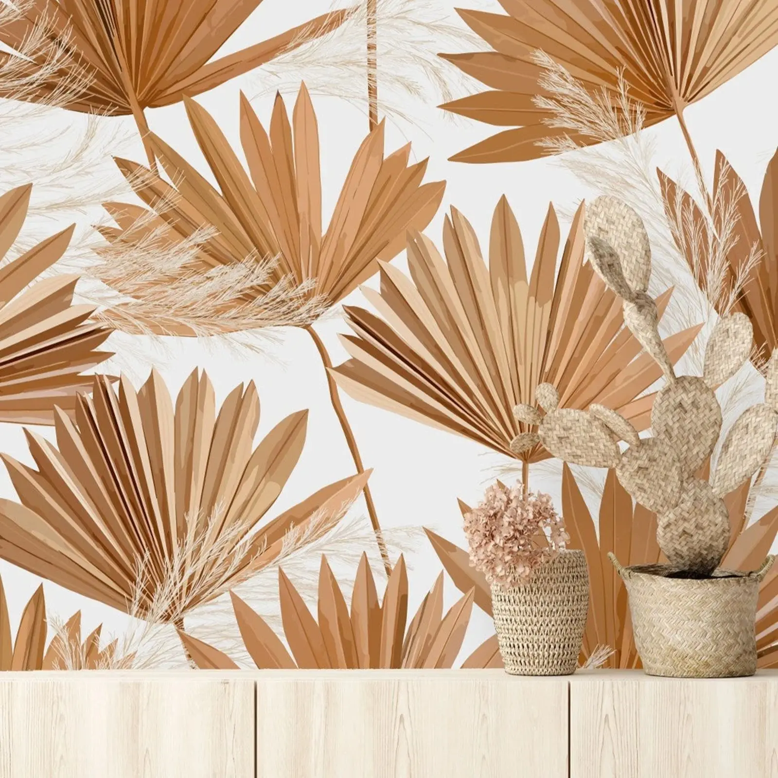 Brown Palm Leaf Wallpaper With Delicate Feather Accents,Tropical Charm Self Adhesive wallpaper,Nature's Elegance Wall Stickers