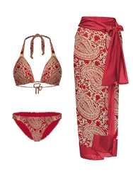 Bikini de una pieza con espalda descubierta para mujer, traje de baño con estampado rojo Vintage, con cordones y escote en V profundo, falda cubierta, 2024