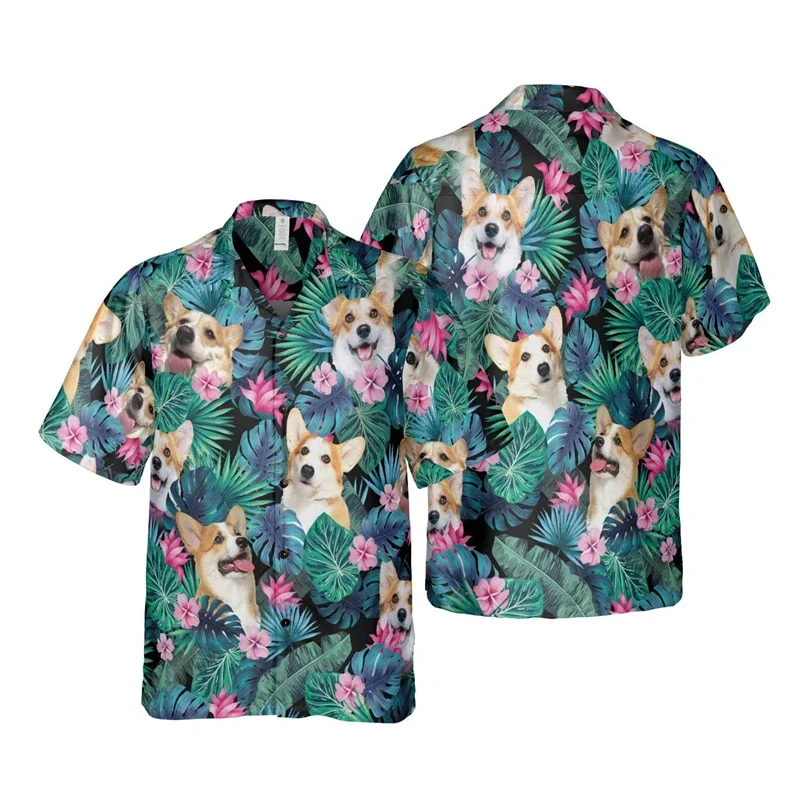 Cute Corgi 3D Printed Beach Shirt Funny Animal Dog Graphic Shirts For Men Clothes Pet Dogs Short Sleeve Women Hawaiian Blouses