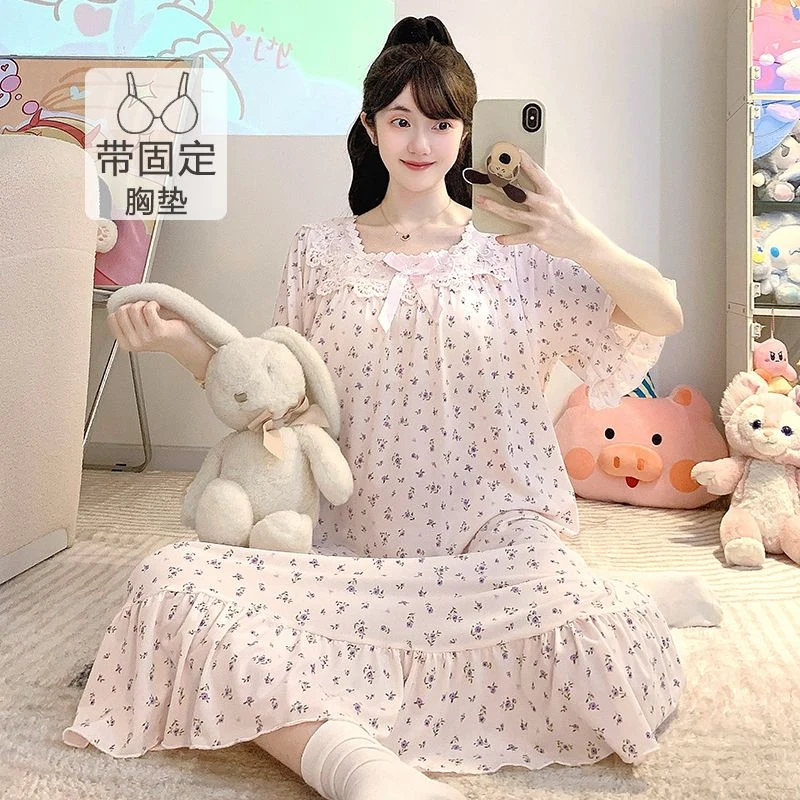 

2025 Summer Plus Size Short Sleeve Sweet Lace Lingerie Cotton Nightgowns for Women Sleepwear Night Dress Nightdress Home Nighty