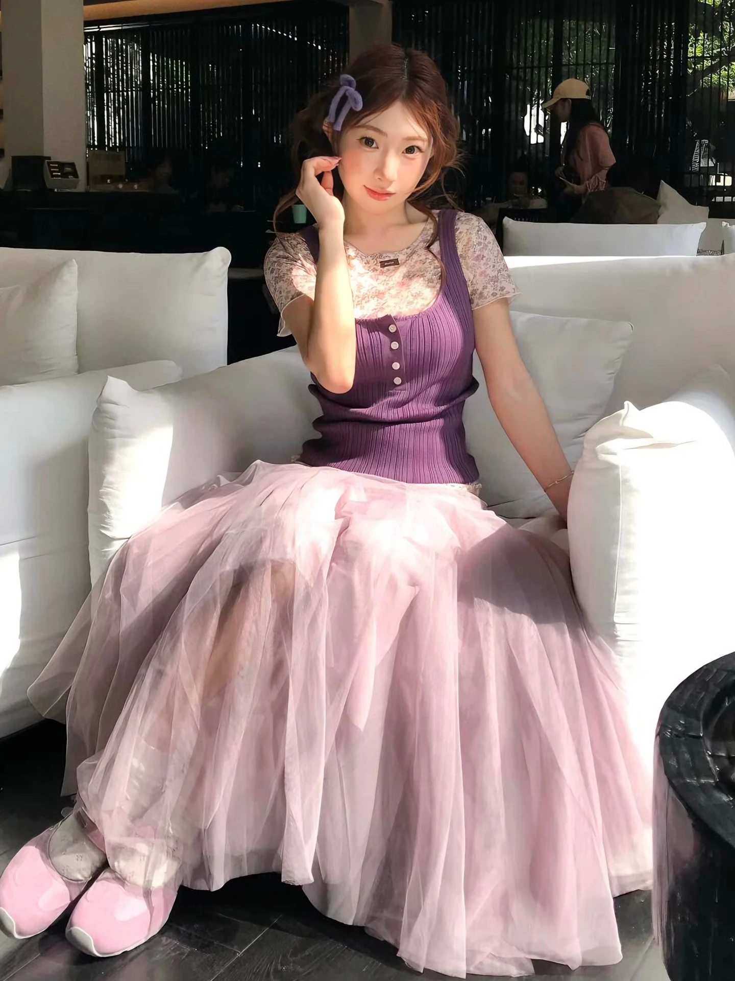 

Korean Sweet Style Three-Piece Set Super Beautiful Floral Lace Crop Top And Skirt Half-length Sleeve T-shirt High-waist Skirt