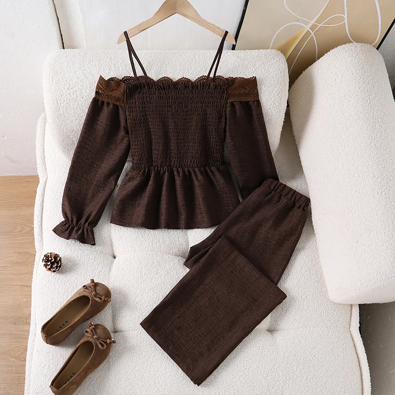 Girls 8-12 Spring Coffee Two Piece Outfit, Lace Off Shoulder Lantern Sleeve Top Match Elastic Waist Solid Flare Pants