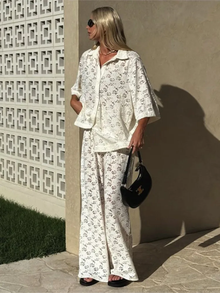 

Embroidery Hollow Pants Set Women 2025 New Summer Jacquard Casual Loose Short Sleeve Button Shirts Wide Leg Pants 2 Piece Sets