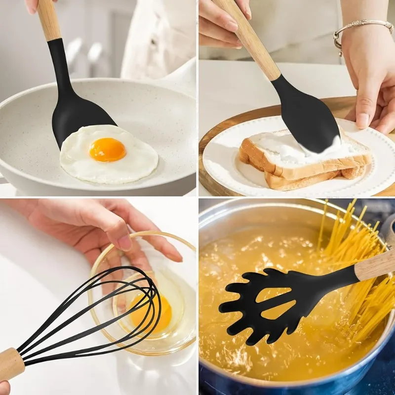 【EFFICIENT 】Heat Resistant Silicone Cooking Utensils Set 12-Piece-Non-Stick Kitchen Tools With Rubber Wood Handles