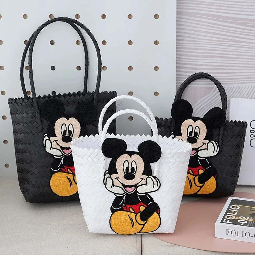 Kawaii Anime Mickey Minnie Figure Basket Woven Bag Ladies Handbag Holiday Leisure Joker Beach Handbag Girl Toy Festival Gift