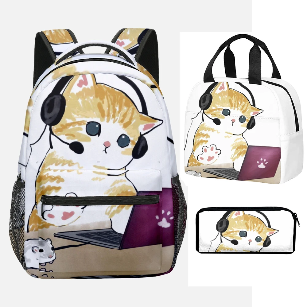 Fashion Youthful Novelty Working cat 3D Print 3pcs/Set Student Travel bags Laptop Daypack Backpack Lunch Bag Pencil Case