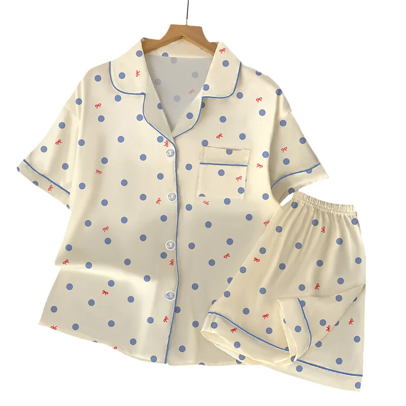 Pyjama d'été Simple et confortable à manches courtes pour femmes, ensemble de costume de maison léger de luxe à pois en soie glacée et Satin frais, nouvelle collection