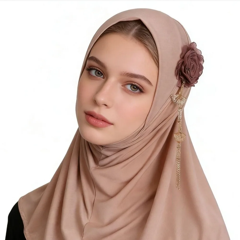 Round Edge 3D Flower Tassel Hijab Stretch High-Elasticity Head Scarf Lightweight Solid Color Headwear Festival Prayer