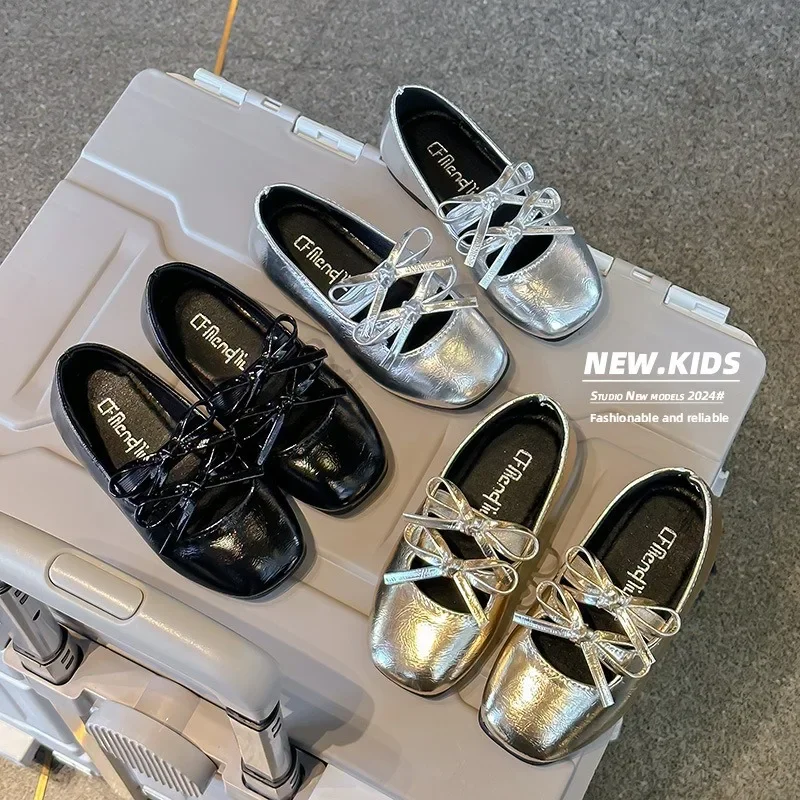 Girls Leather Shoes Spring Autumn New Bow Kid Small Princess Mary Jane Shoes Silver Flat Non-slip Children Baby Dance Flats