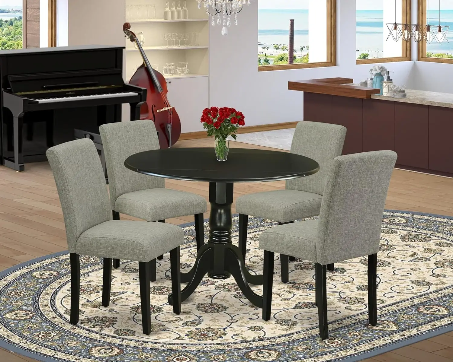 DLAB5-BLK-06 5 Piece Dinette Set for 4 Includes a Round Dining Room Table with  and 4  Linen