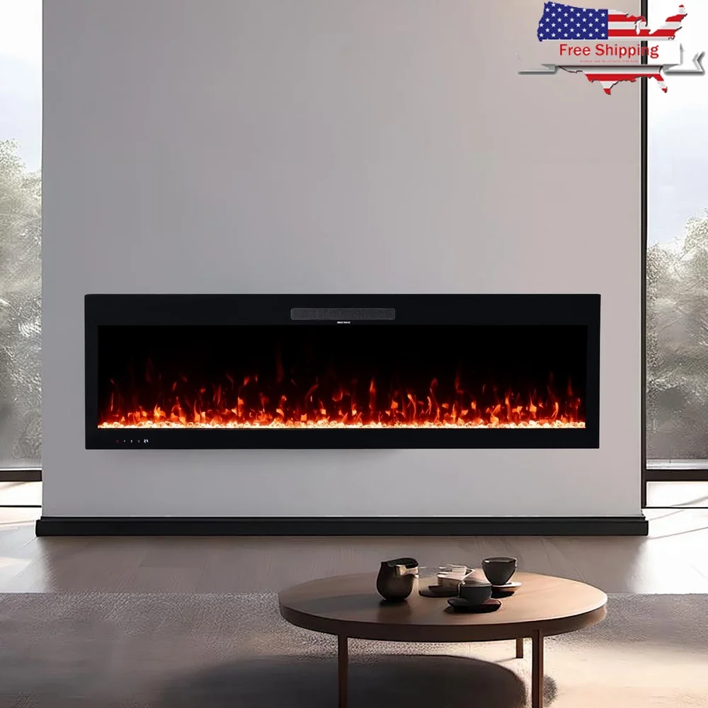 

Электрический камин 60-дюймовый настенный обогреватель с дистанционным управлением, регулируемые цвета пламени, звуки трещин, таймер, современный дом