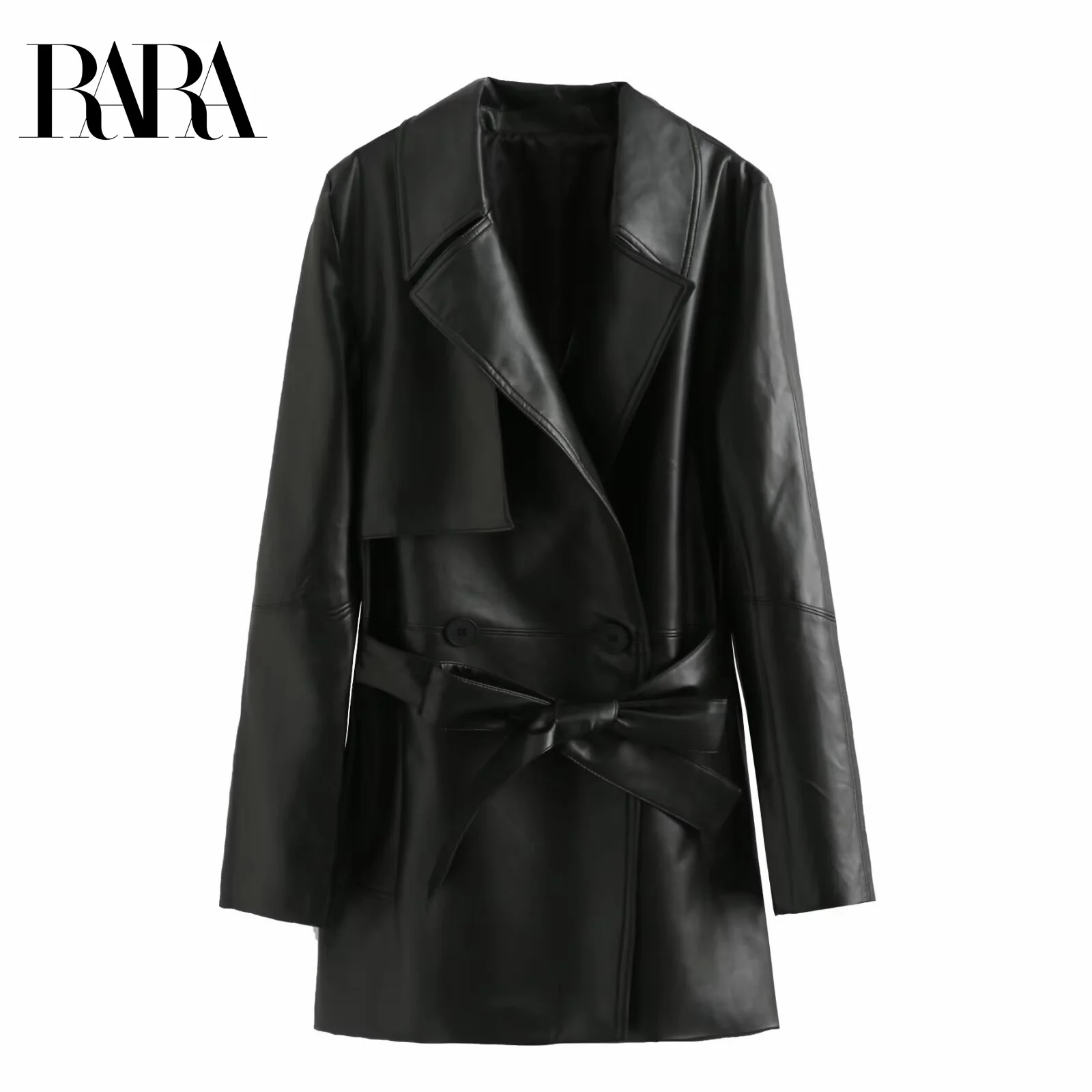 

RARA2025 Womens Autumn New Style Belt Decorated Casual Stylish Elegant Lapel Long Sleeve Short PU Leather Trench Coat Jacket