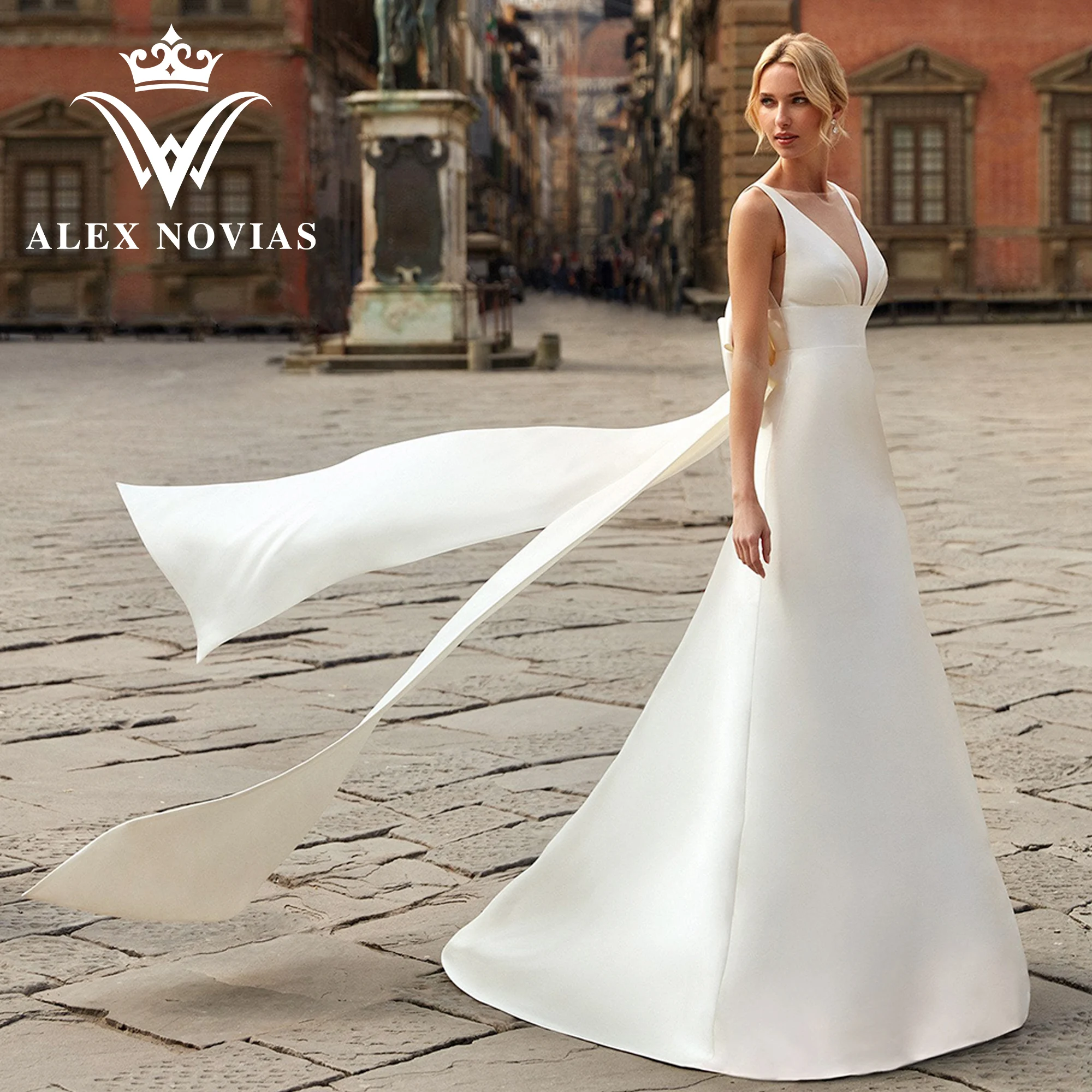 

ALEX NOVIAS A-Line Wedding Dress With Bow 2023 Deep V-neck Empire Backless Satin Wedding Gown Ribbons Vestidos Novias De Saten