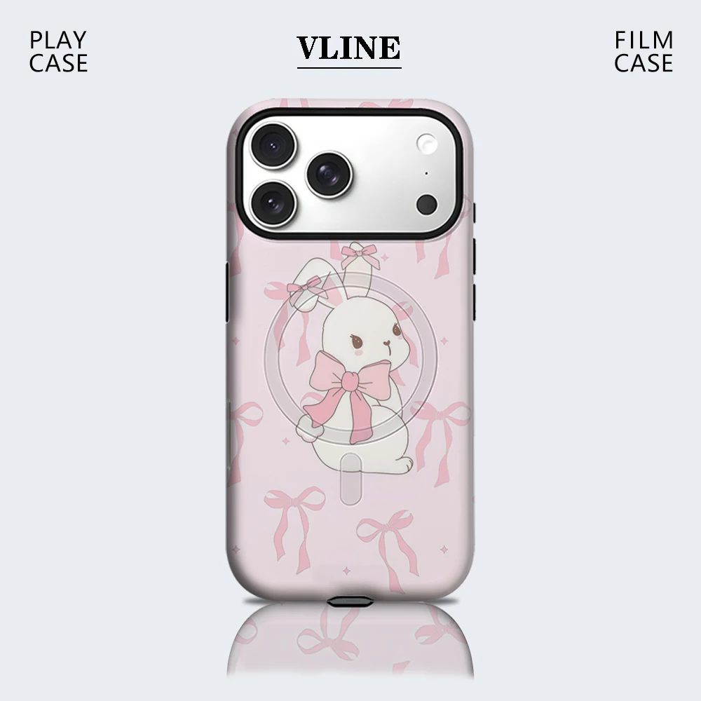 

Розовый чехол для телефона с бантом и кроликом, магнитный, для iPhone 17 16 15 14 13 Pro Max Plus, однослойный/двухслойный, прочный