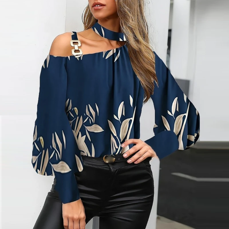 Women Fashion Single Strap Metal Buckle Off Shoulder Tops 2024 New Autumn Long Lantern Sleeve Blouse Printed Shirt Clothes 29117