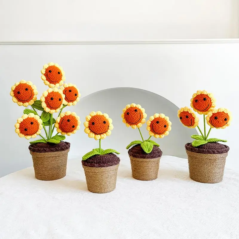 

1PC Hand Woven Sunflower Flowers Smiling Face Sunflower Potted Plant Finished Homemade Potted Plant