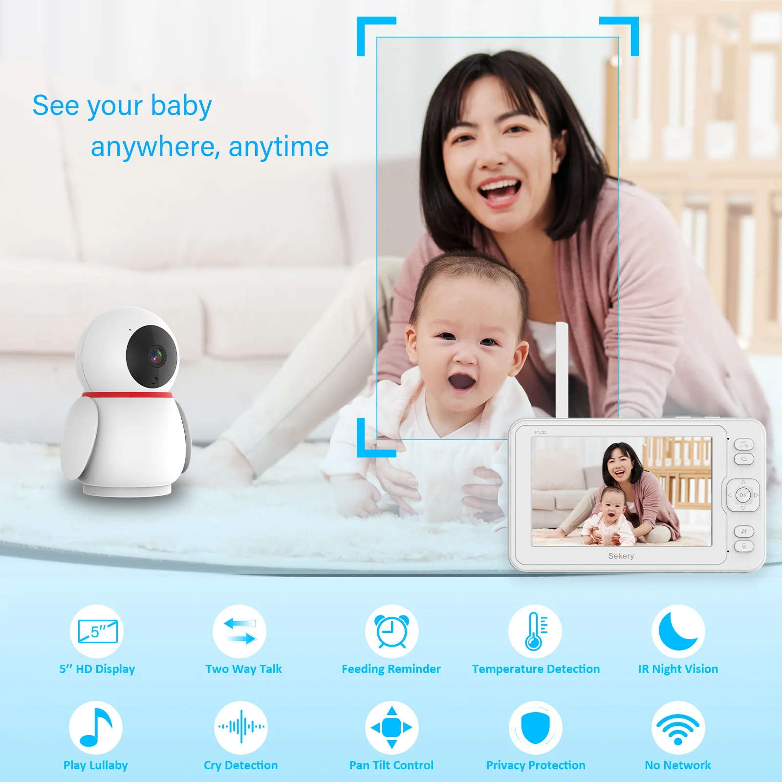 

5Inch IPS Screen Wireless PTZ Intercom Baby Monitor Temperature Display Nanny Camera Feeding Plan Cry Detection Babysitter
