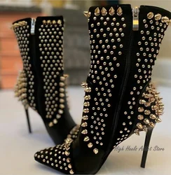 Black Studded Luxury Ankle Boots Women Sexy Full Stud High Heels Leather Booties Designer Party Stage Dress Shoes Free Shipping