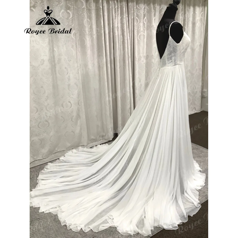 Robe Mariage Femme Royale Kant Lijfje Chiffon Boho A Lijn Open Rug Trouwjurk V-Hals 2023 Bruidsjurk Spaghettibandjes