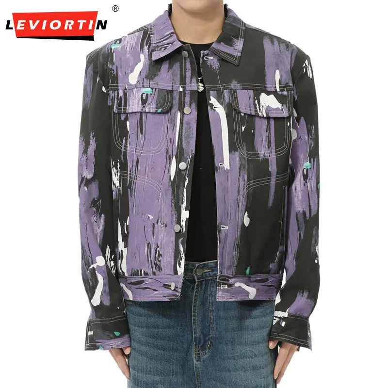 

LEVIORTIN Niche Design Men's Jackets Shoulder Pads Tie-dye Contrast Color Single Breasted Turn-down Collar Male Coats Chic