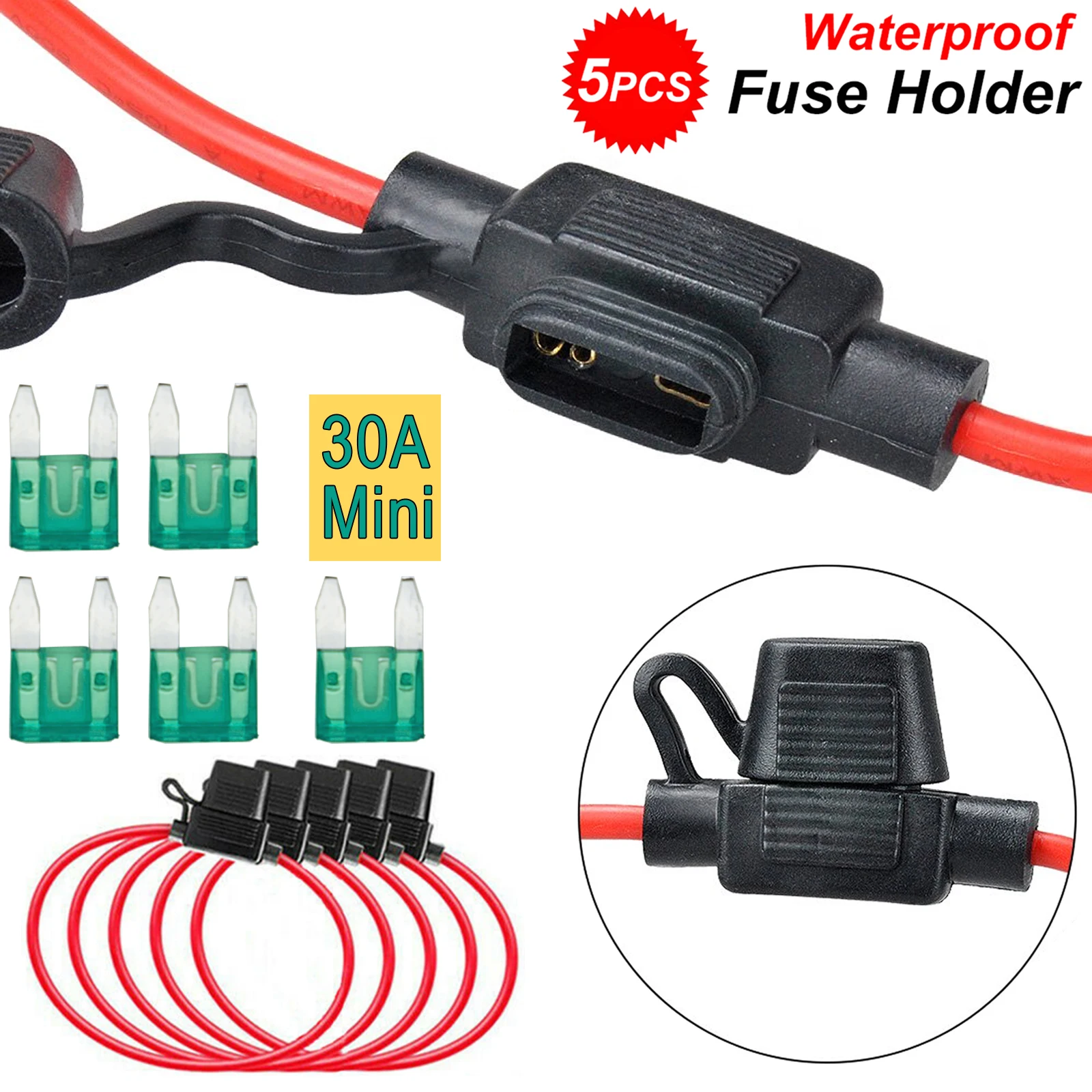 

5 шт., 12AWG APM Mini, тип 30 А, линейный держатель предохранителя, защита медного провода