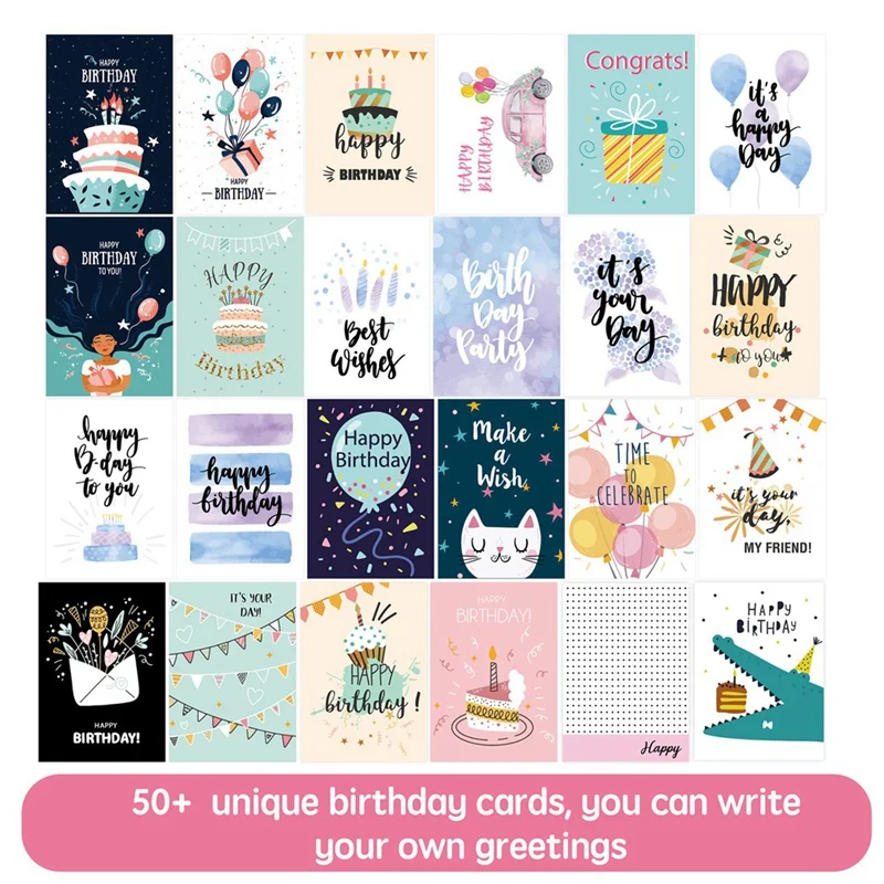 50 tarjetas de cumpleaños Uniqe con sobres y pegatinas, tarjetas de felicitación, paquete de tarjetas de cumpleaños, paquete de tarjetas de cumpleaños para niños duraderas