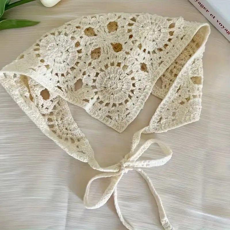 Japanese Handmade Crochet Floral Hollow Headscarf For Women Sweet Korean Triangular Headscarf Instagram Photo Headband Headwear